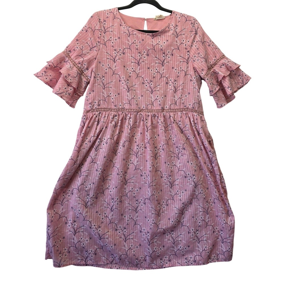 Hidden Alley Pink‎ Floral Ruffle Sleeve Babydoll Dress L Cottagecore